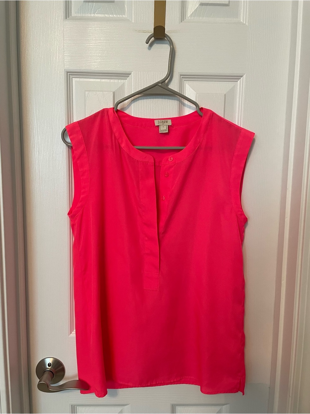 J. Crew Vibrant Hot Pink sleeveless blouse with a split V-neckline